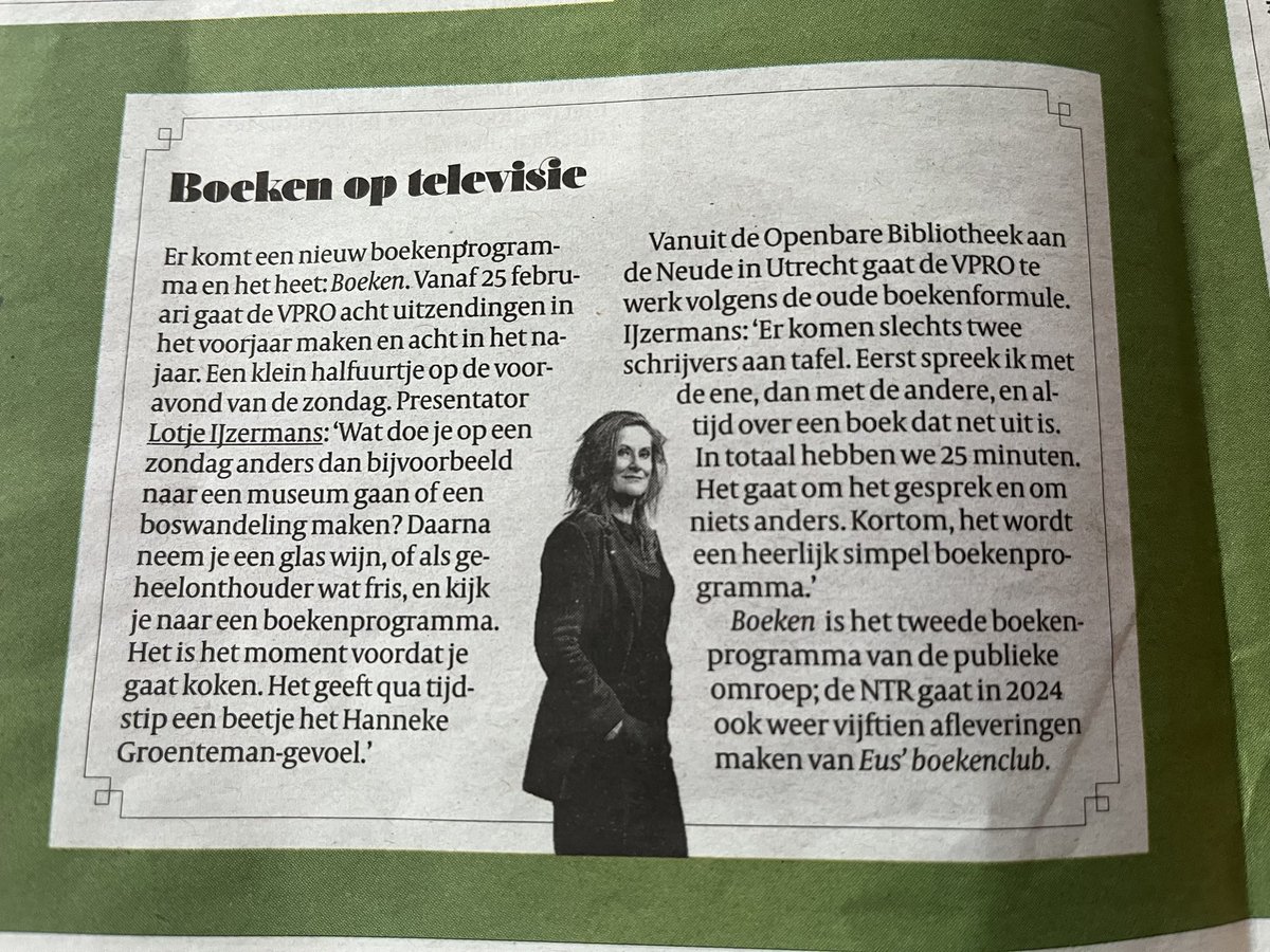 Mooie vermelding van @lotjeijzermans en VPRO Boeken in de Volkskrant boekenspecial vanochtend. Vanaf 25 februari op je tv. Ik heb er zin in.