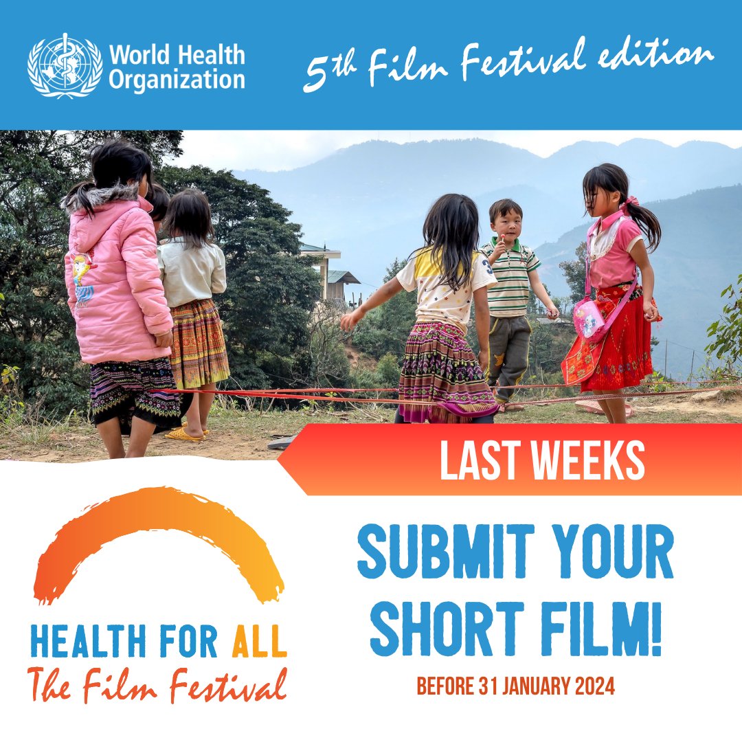 Last weeks to submit your short film to the 2024 #HealthForAll Film Festival.

Pick a #Film4Health category: 
🎬 Universal Health Coverage
🎬 Health Emergencies
🎬 Better Health & Well-being
🎬 Physical Activity & Health
🎬 Migrants and Refugees Health
🎬 Student Film Prize
🎬