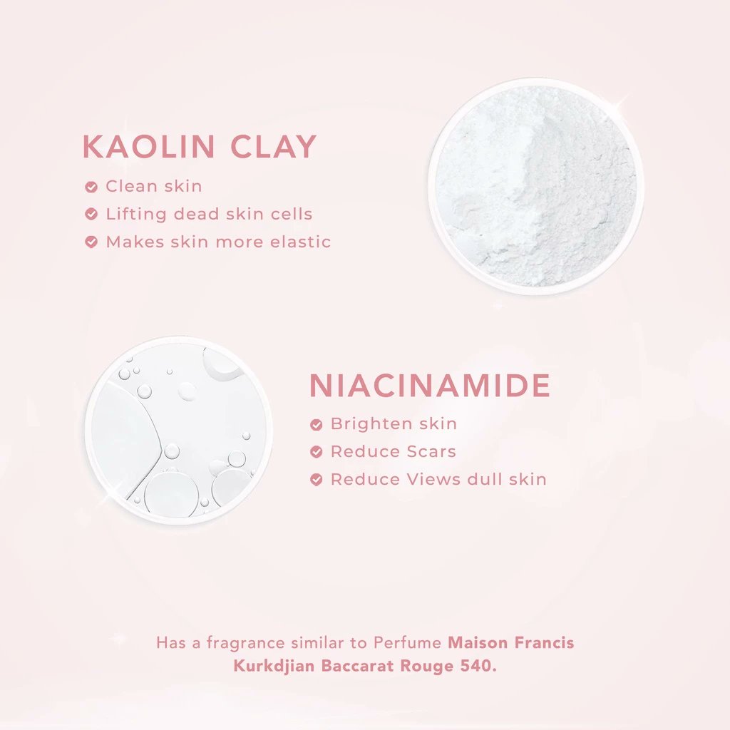 OMG YES !!! Body Scrub dia best ada Kaolin Clay dengan Niacinamide sekali 🔥🔥🔥 Bau dia lagi la high end, bau Baccarat Rouge 540 kot 🤩 Suka la pakai body care bau wangi2 ni best enjoy je masa guna. 2in1 sebab dapat extra wangi sekali hahahha