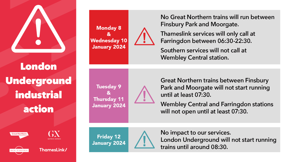 📢 London Underground Industrial Action Monday 8 - Friday 12 January The following changes to our services are expected. London Underground services will be severely disrupted 👇 Check ahead at nationalrail.co.uk