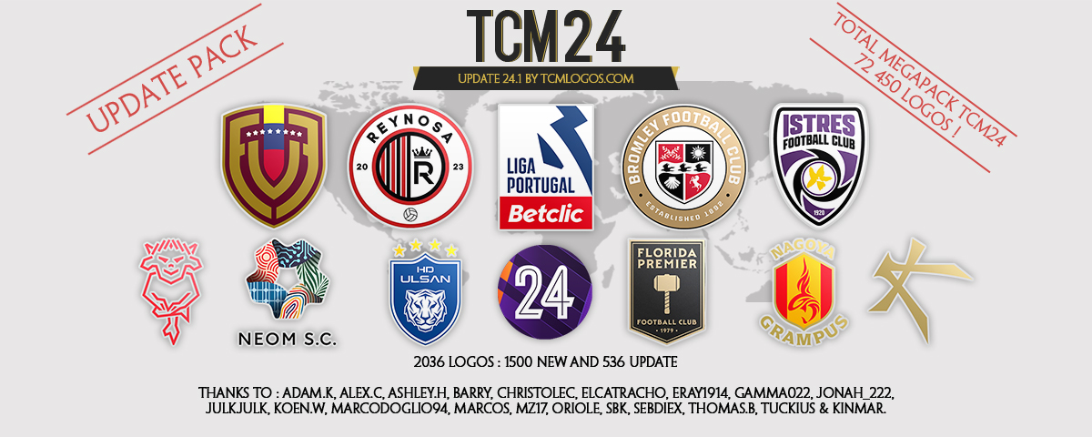 🔥AVAILABLE - TCM 24 - UPDATE 24.1 FOR #FM24 🔥

🔹Download the #TCM24 Update pack by @tcmlogos🛡️

📥tcmlogos.com/tcm24-logos-fm…

✅1500 new & 536 updates logos for a total of 72,450 logos!

#Logopack #FM2024 #WeAreTheCommunity