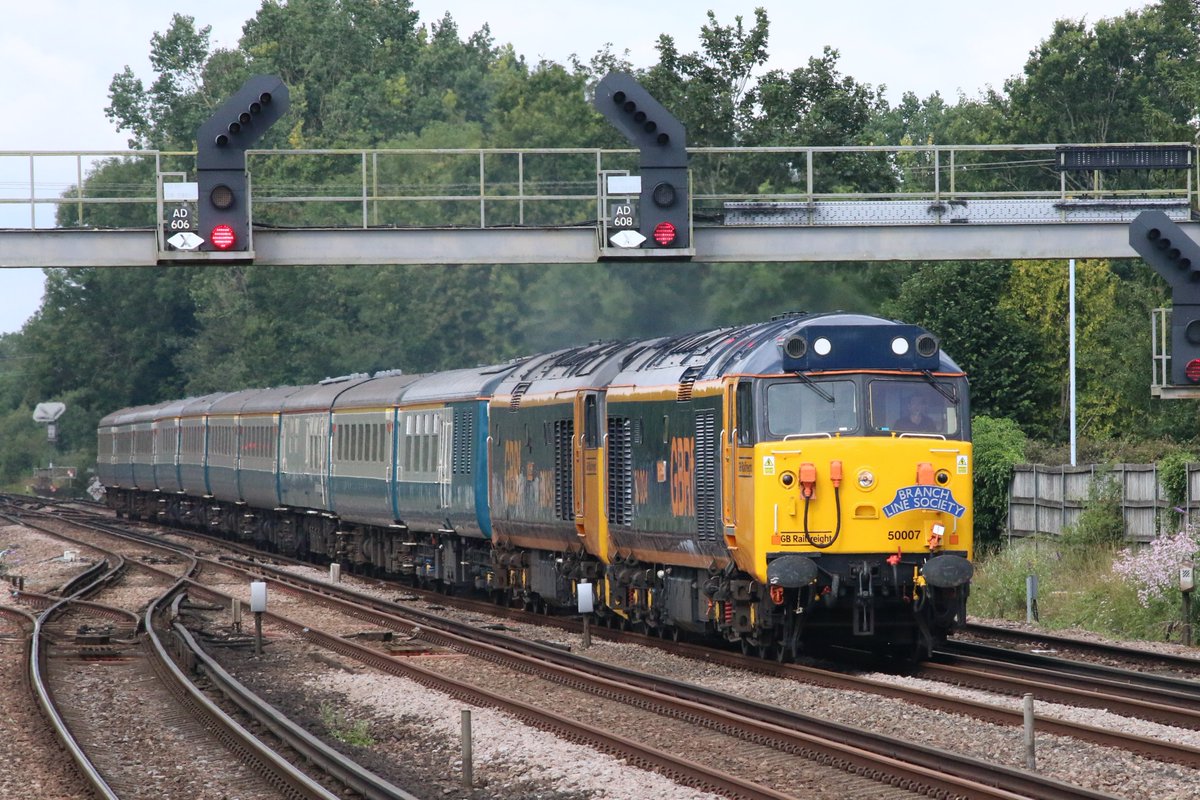 Class 50s 50007 'Hercules' (as 50034 'Furious') and 50049 'Defiance' speed through Headcorn with the 1Z32 0605 East Midlands Parkway to Margate 'Thanet Thunderer' on 31/07/2021. #Class50 @thefiftyfund
