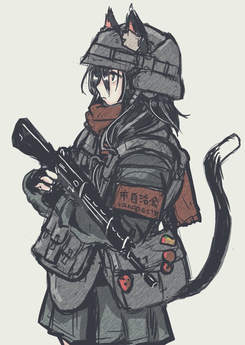 1girl animal ears solo weapon tail gun helmet  illustration images