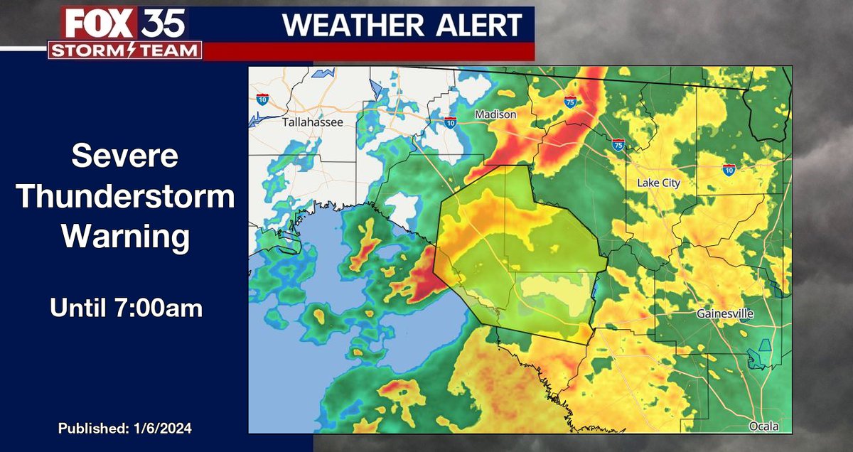 FOX 35 Weather Alert Severe Thunderstorm Warning for Dixie County in FL until 7:00am. fox35orlando.com/weather #flwx