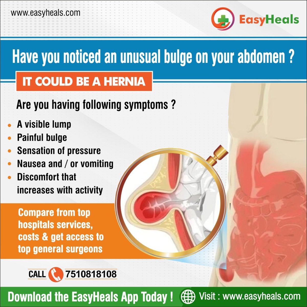 EasyHeals's tweet photo. Concerned about an unexpected bulge on your abdomen? It might be a hernia.

Download The App Now: 

Google Playstore: https://t.co/1s3Fw60HYV

iOS: https://t.co/4jBTDDaxYM

#EasyHeals #Healthcare #HerniaAwareness #MedicalCare https://t.co/1F3DHyXZZK