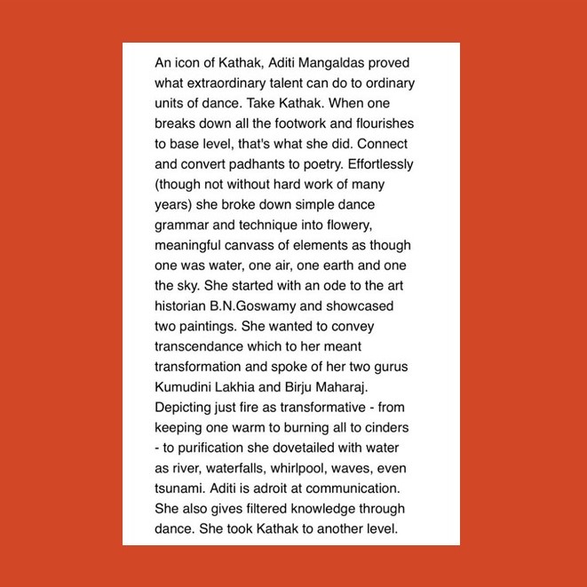 My sincere gratitude to critic, historian, author & archivist, Ashish Khokar ji for his appreciation & encouraging comments in his review in Narthaki on my session at the annual Natya Kala Conference, held in Chennai. @AditiMangaldas @Narthakiweb Read: narthaki.com/info/dm/dm47.h…