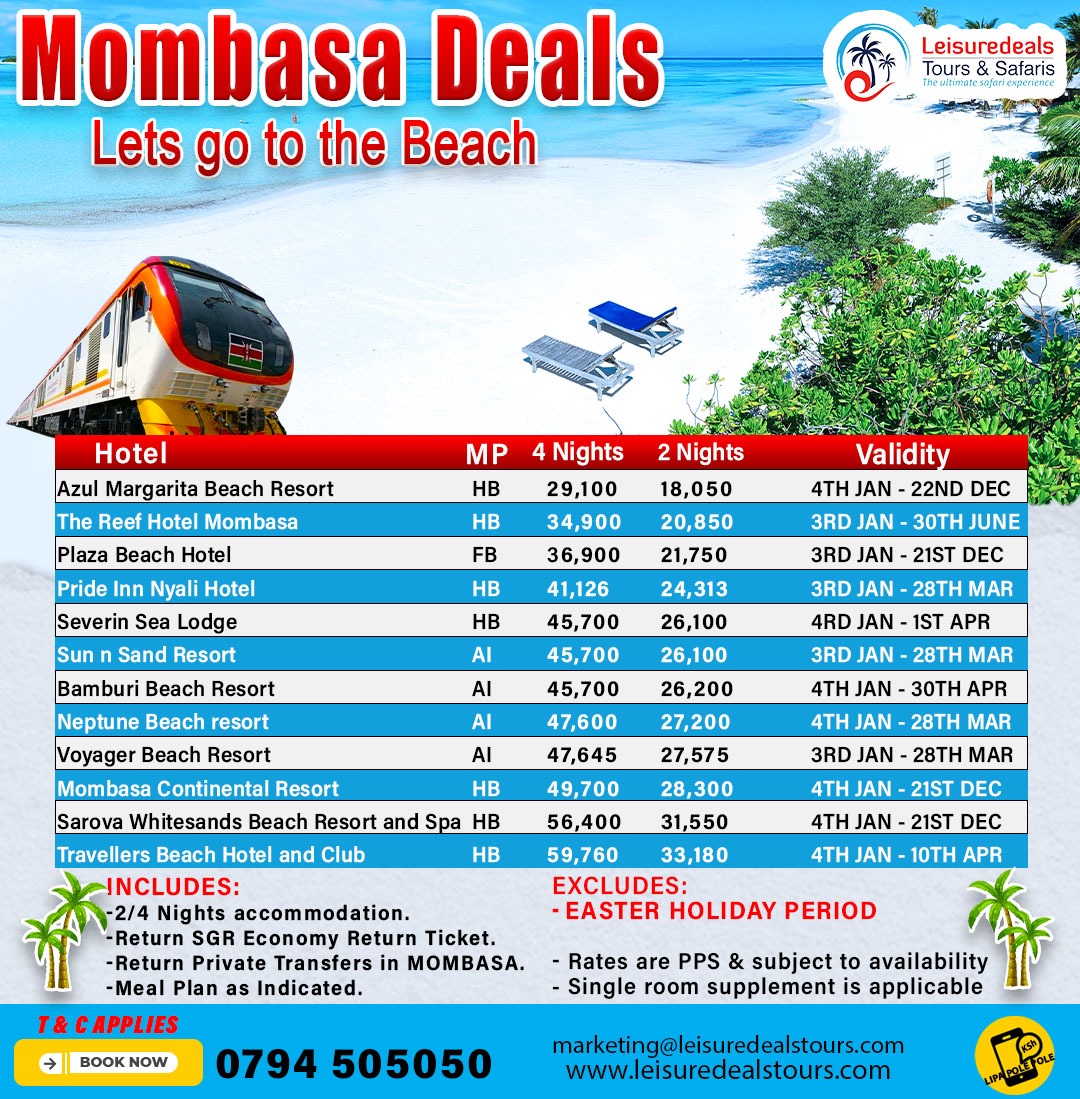 𝗨𝗻𝗯𝗲𝗮𝘁𝗮𝗯𝗹𝗲 𝗛𝗼𝗹𝗶𝗱𝗮𝘆 𝗣𝗮𝗰𝗸𝗮𝗴𝗲𝘀
Explore the world at discounted prices. Visit MOMBASA

#Leisuredealstours #lipapolepole  #2024rates #visitmombasa #sgrtickets #visitkenyancoast #mombasa #visitsingapore #visitthailand #visitwatamu #beachholidaypackages