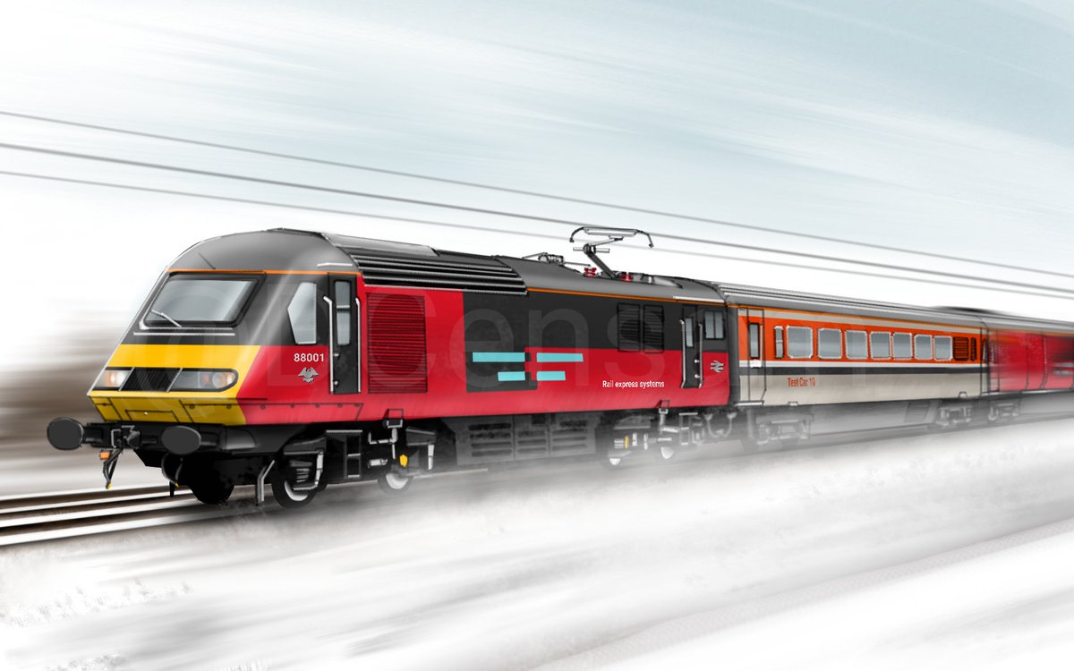 DCensam_'s tweet photo. [trigger warning]
#whatcouldhavebeen RES HST-Hybrid 88001 on test in 2018.  These structurally reinforced PCs would work in 2+7 formation with Mk3 HSPVs; extra vans (if any) would be coupled to the trailing PC.
#britishrail #railexpresssystems #intercity125 #royalmail https://t.co/FyRHn7gfgV