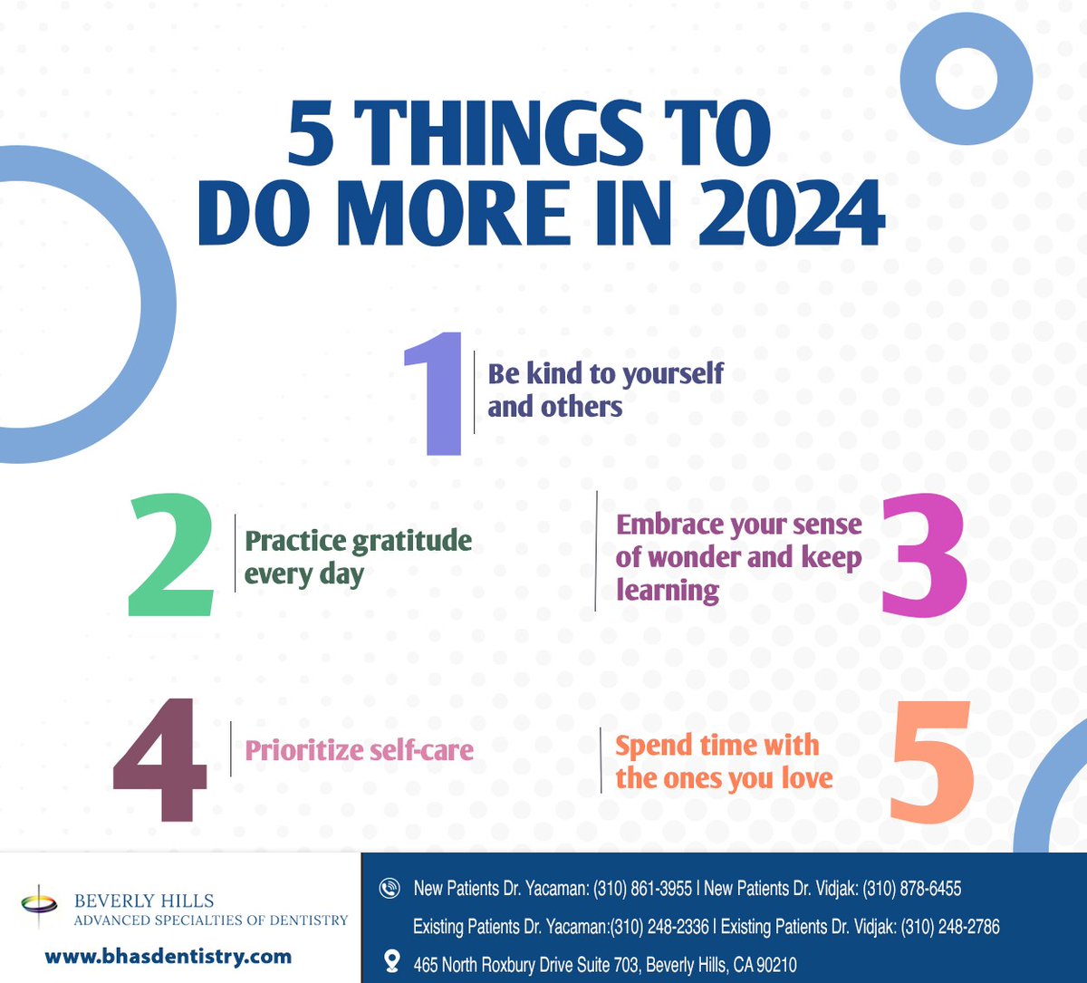 HillsAdvanced's tweet photo. A new year is a chance for a new start. What would you add to this list of things to do more of in 2024? #newyear #2024 #newyearchecklist #newstart #newbeginnings #newyearresolution #resolution #drfrankvidjak #prosthodontist #drfannyacaman #endodontist #beverlyhills #CA https://t.co/WplTgjC94D