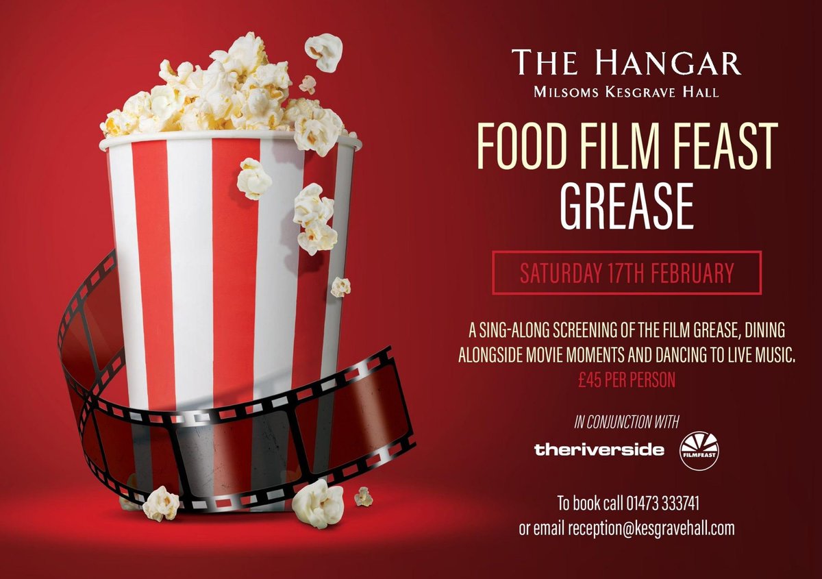 FilmFeastUK's tweet photo. Delighted to announce that Film Feast is back & now in collaboration with @kesgravehall @_theriverside with first event 17th February https://t.co/HIZ44RQiBe #filmfeast #filmandfood #foodandfilm #milsomskesgravehall #theriverside #suffolk #grease #musical https://t.co/YyPPKVZecV