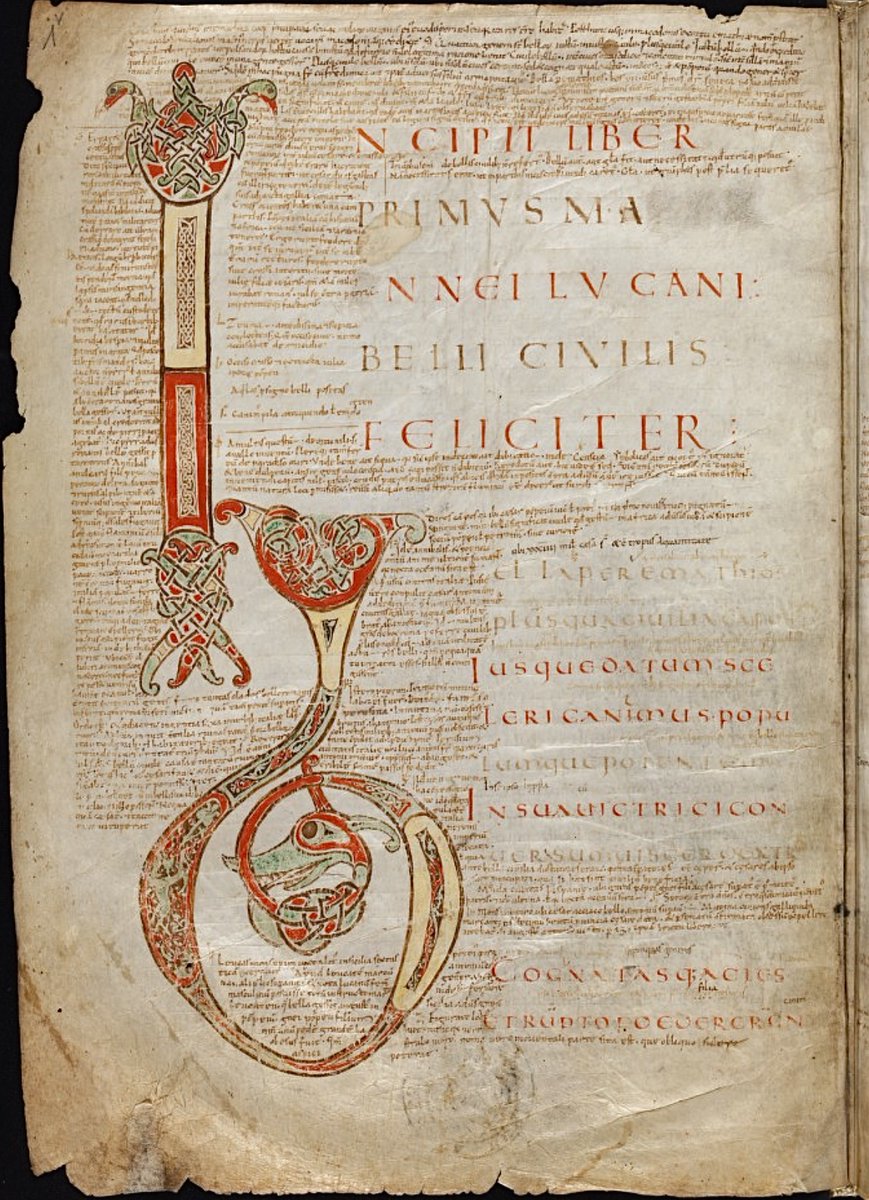 red_loeb's tweet photo. Initial 'I'(ncipit) and 'b'(ella) at the beginning of Liber Primus of Lucan's De bello civili, with scholia
Bern, Burgerbibliothek, Cod. 45, Composite including Lucanus, De bello civili; 2nd third of the 9th century; Fleury; f.1v
(https://t.co/McX0qrcuho) https://t.co/LvnWHMfiPv