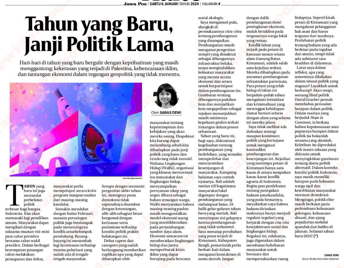 lbhbali's tweet photo. Refleksi Saras Dewi, Dosen Filsafat Univ. Indonesia, tentang ketidakadilan dalam pembangunan infrastruktur dari konflik agraria yang terjadi di Batur dan masifnya pembangunan di Bali. Di tengah janji2-janji politisi jelang pemilu, harapan justru ada di gerakan masyarakat sipil. https://t.co/uAMC25dJkc
