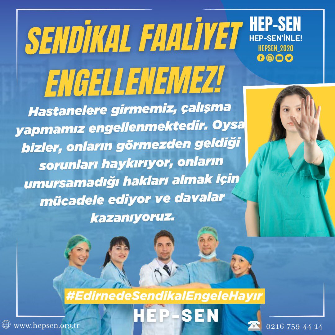 HEP-SEN (@hepsen_2020) on Twitter photo Hastanelere girmemiz, çalışma yapmamız engellenmektedir. Oysa bizler, onların görmezden geldiği sorunları haykırıyor, onların umursamadığı hakları almak için mücadele ediyor ve davalar kazanıyoruz.
#EdirnedeSendikalEngeleHayır
<a href="/drfahrettinkoca/">Dr. Fahrettin Koca</a> <a href="/saglikbakanligi/">T.C. Sağlık Bakanlığı</a>
<a href="/sagliklicozum/">T.C. Sağlık Bakanlığı Sağlıklı Çözüm</a> Hastanelere girmemiz, çalışma yapmamız engellenmektedir. Oysa bizler, onların görmezden geldiği sorunları haykırıyor, onların umursamadığı hakları almak için mücadele ediyor ve davalar kazanıyoruz.
#EdirnedeSendikalEngeleHayır
<a href="/drfahrettinkoca/">Dr. Fahrettin Koca</a> <a href="/saglikbakanligi/">T.C. Sağlık Bakanlığı</a>
<a href="/sagliklicozum/">T.C. Sağlık Bakanlığı Sağlıklı Çözüm</a>
