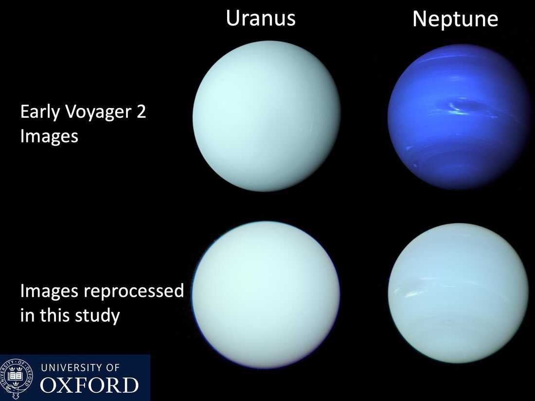 JMannhart's tweet photo. Woah, Neptune is actually light blue! We'd been misinformed for 35 years!

The well-known images from Voyager 2 were not accurately colour balanced &amp; apparently they also increased the contrast way more than for the Uranus images. Here the corrected ones:

https://t.co/rmGtNSRUSK https://t.co/bYNXw9iccz