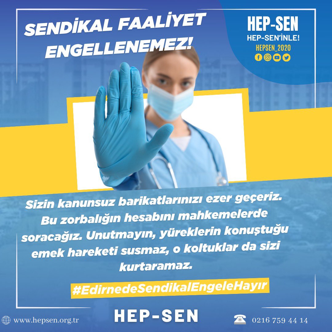 hepsen_2020's tweet photo. Sizin kanunsuz barikatlarınızı ezer geçeriz. Bu zorbalığın hesabını mahkemelerde soracağız. Unutmayın, yüreklerin konuştuğu emek hareketi susmaz, o koltuklar da sizi kurtaramaz!..

#EdirnedeSendikalEngeleHayır 

@drfahrettinkoca @saglikbakanligi 
@sagliklicozum @edirnesm @Yunus_Sezer_  @edirne_valiligi 
@trakya_univ @erdoganbeypinar 
@bthn_cgrci @ErhanTabakolu @hamdi_zafer