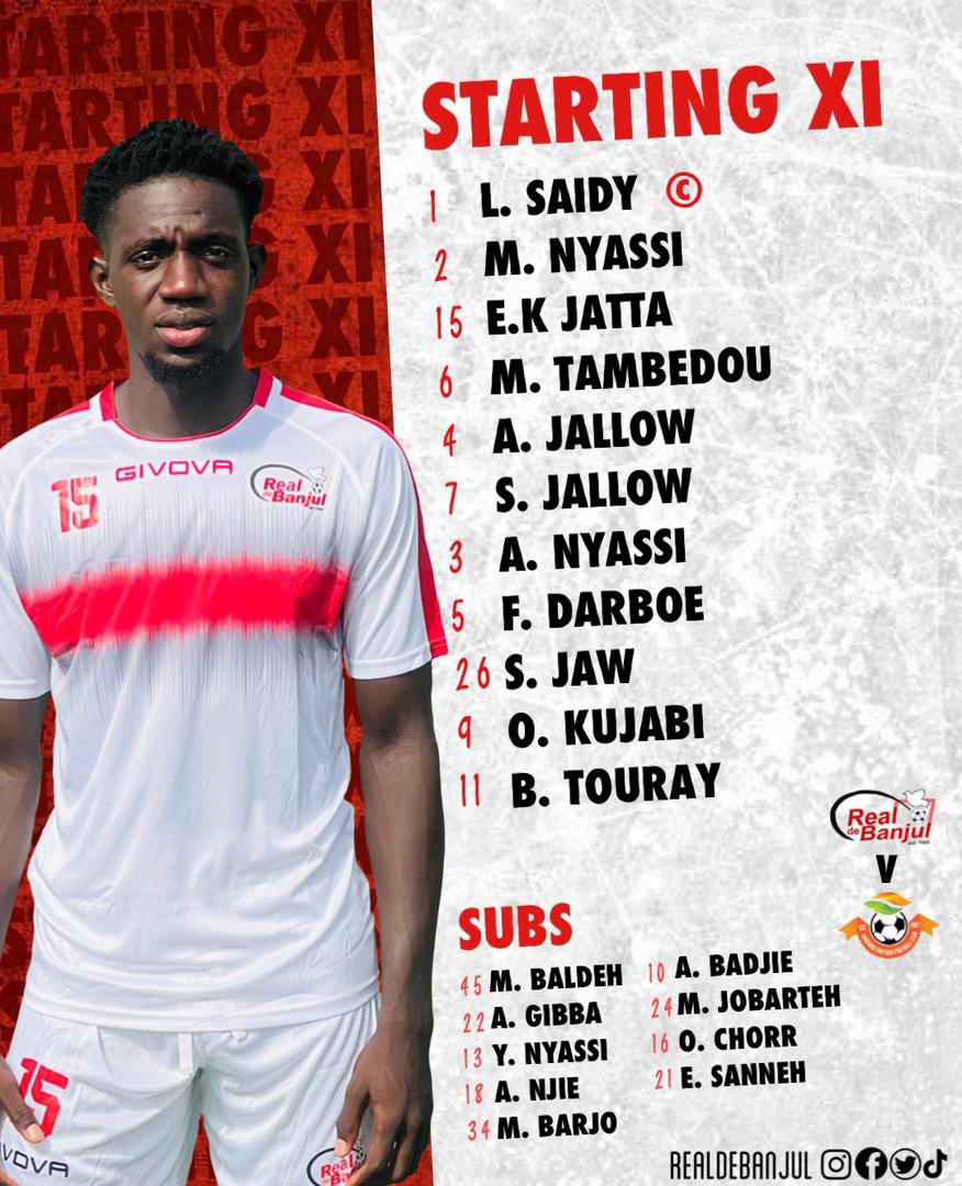 RealDeBanjulFC's tweet photo. STARTING XI. New signing Ebrima Jatta makes his full debut after replacing injured David Sambou against Brikama United. Youngsters, Barjo and Chorr make the team but starting on the bench for their first involvement of the season.
#rdbmar #matchday #gffleague #lydsa #cityboys https://t.co/cHzvyNA3vO