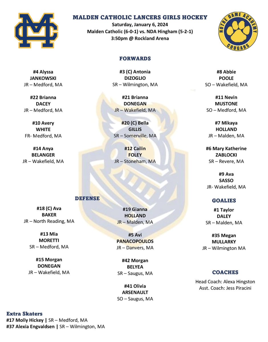 mc_girlshockey's tweet photo. Game Day! Lancers travel to Rockland Arena to take on NDA. Puck Drop 3:50pm #GoMC @MCathletics1 https://t.co/GbNgvjj5rn