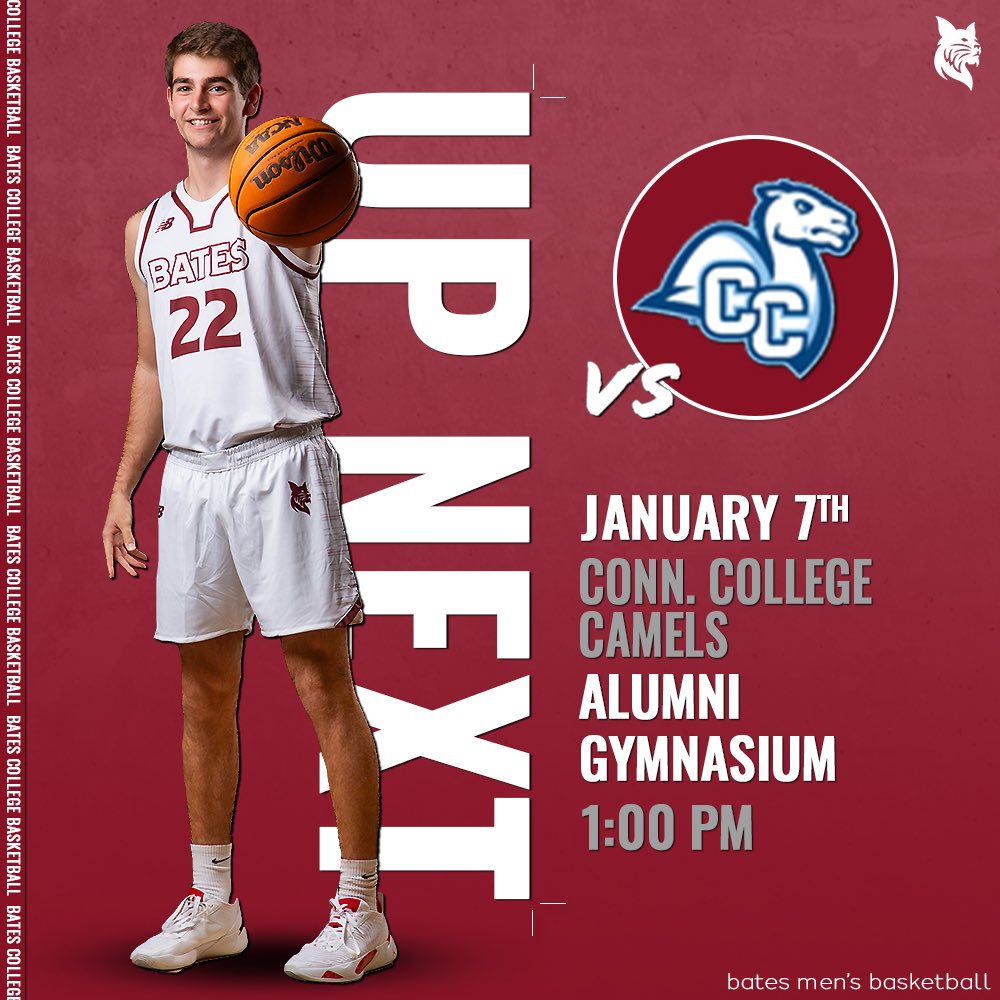 BatesCollegeMBB's tweet photo. Up Next β‘οΈ NESCAC OPENER
π: Conn. College Camels
ποΈ: January 7th
β°: 1:00 PM
π: Alumni Gymnasium // Lewiston, ME
πΎ: Sophomore - #22 Peter Psyhogeos
#d3hoops #GoBates #GoBobcats #BatesBobcats #BobcatPride #AlumniGym #NESCAC #NESCACHoops #MEHoops https://t.co/N1ATTJVfn9