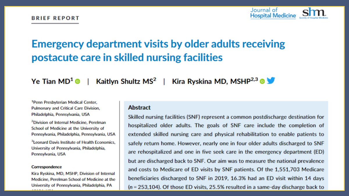 Journal of Hospital Medicine (@jhospmedicine) on Twitter photo One in six Medicare beneficiaries discharged to SNF had an ED visit within 14 days, with a quarter of the visits resulting in a same-day discharge back to SNF. System redesign to optimize ED use from SNF is urgently needed.
Read more: bit.ly/48q0p5o
<a href="/KiraRyskinaMD/">Kira Ryskina</a> One in six Medicare beneficiaries discharged to SNF had an ED visit within 14 days, with a quarter of the visits resulting in a same-day discharge back to SNF. System redesign to optimize ED use from SNF is urgently needed.
Read more: bit.ly/48q0p5o
<a href="/KiraRyskinaMD/">Kira Ryskina</a>