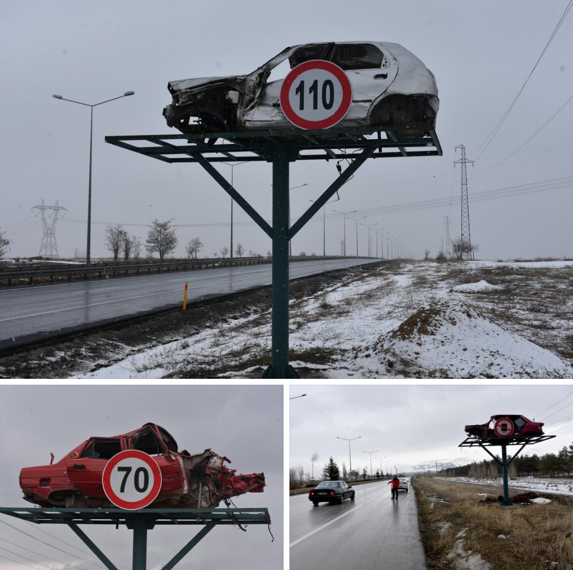 kralotobus's tweet photo. Erzurum’da trafik kazalarını önleme amacıyla yol kenarlarına kaza sonucu hasar almış araçlar yerleştirildi. https://t.co/K2Z2fSn1Yl