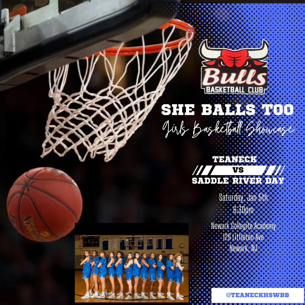 Teaneck HS WBB (@teaneckhswbb) on Twitter photo We play the defending Bergen County Champs today in Newark for the She Balls Too Showcase! Let’s have some fun! 🏀🔵⚪️🏀#highwaywomenbasketball #teaneck
<a href="/ByLuisTorres/">Luis Torres</a> <a href="/BigNorthConBNC/">@BigNorthConference</a> <a href="/NNJGirlsHoops/">North Jersey Girls Hoops</a> <a href="/VarsityAces/">Varsity Aces</a> <a href="/NJTags13/">Greg Tartaglia</a> <a href="/BoogEnergy/">Coach Brad Allen</a> We play the defending Bergen County Champs today in Newark for the She Balls Too Showcase! Let’s have some fun! 🏀🔵⚪️🏀#highwaywomenbasketball #teaneck
<a href="/ByLuisTorres/">Luis Torres</a> <a href="/BigNorthConBNC/">@BigNorthConference</a> <a href="/NNJGirlsHoops/">North Jersey Girls Hoops</a> <a href="/VarsityAces/">Varsity Aces</a> <a href="/NJTags13/">Greg Tartaglia</a> <a href="/BoogEnergy/">Coach Brad Allen</a>