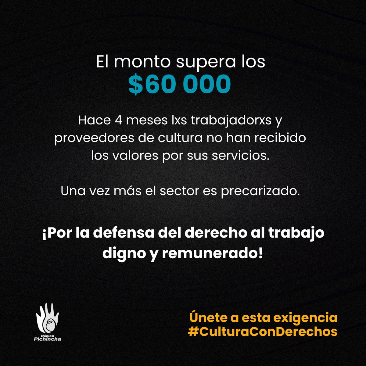 CCE_Pichincha's tweet photo. #CulturaConDerechos | 172 artistas y proveedores que trabajaron con el Núcleo Pichincha en el 2023 aún no reciben sus pagos por los retrasos del @finanzas_ec . 
Exigimos una respuesta inmediata . Únete a esta exigencia con los hashtags #culturaconderechos y #pagojustoyatiempo https://t.co/rgx1kRxshS