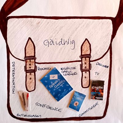 #TheJanuaryChallenge
#64millionartists

Day 6: A journey with purpose
I'm learning Scottish Gaelic so my journey is a learning one.  I'm very much a beginner but I'm getting there thanks to the items in my old-style school satchel and the journey is great.