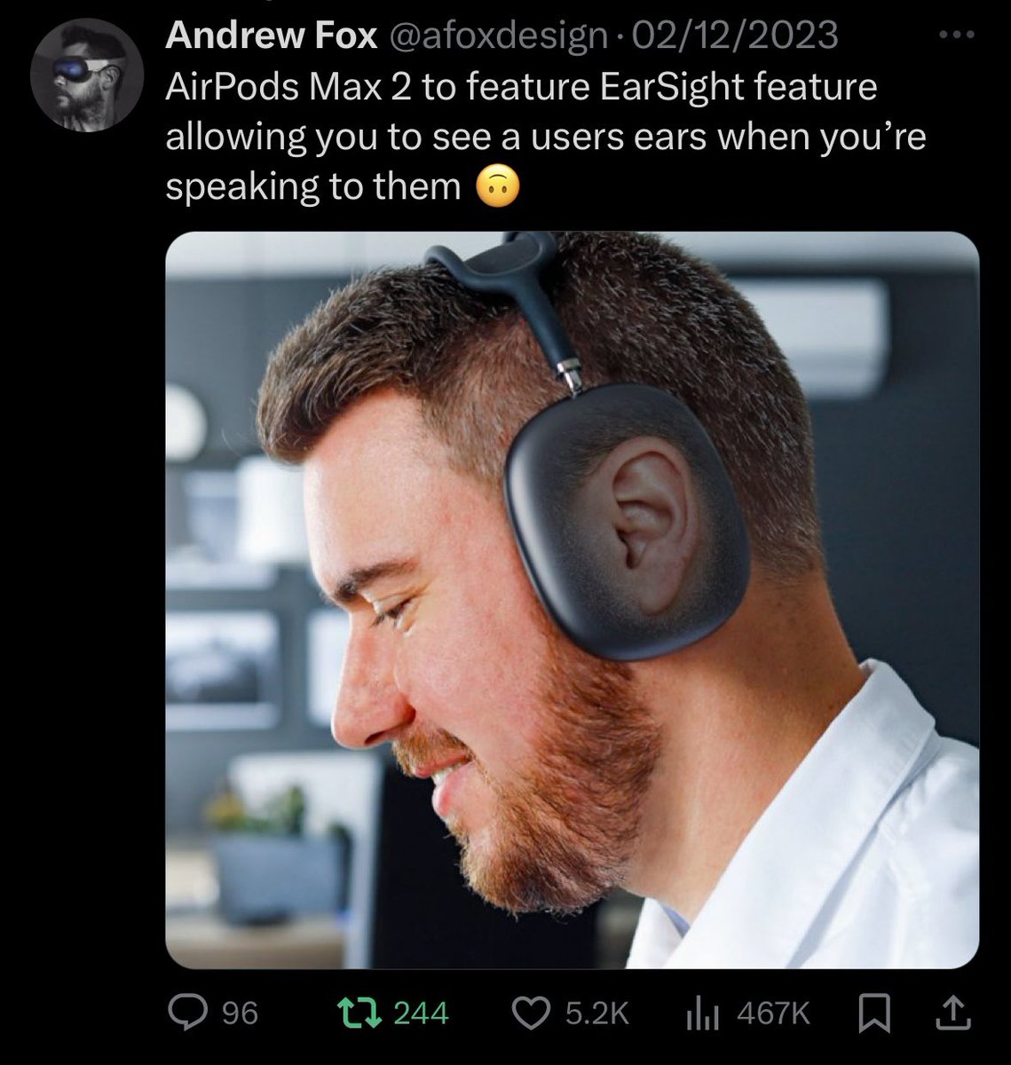 afoxdesign's tweet photo. My top 3 (best performing) tweets of all time are all tongue in cheek Apple/Vision Pro concepts 🤷‍♂️ https://t.co/4oNNgOmV39