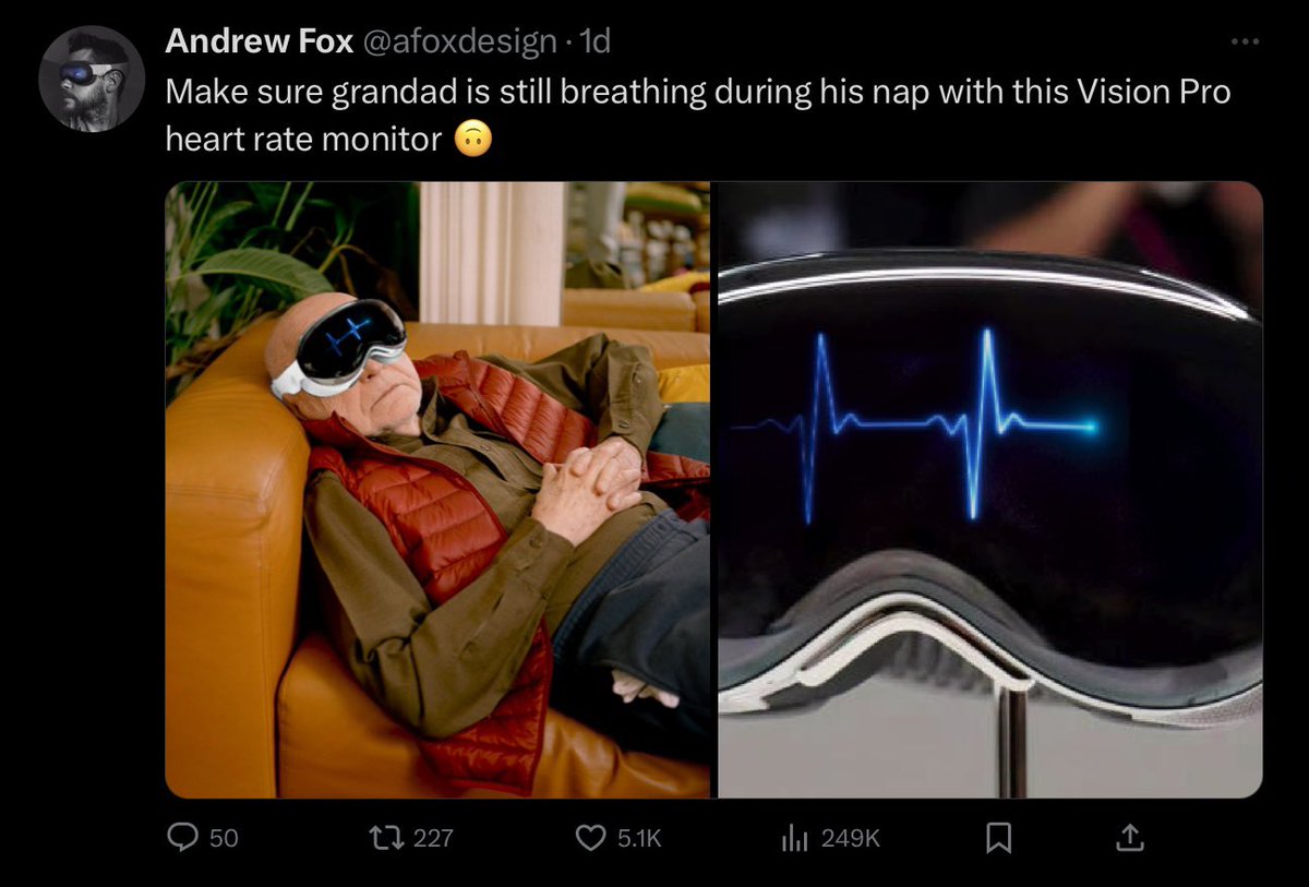 afoxdesign's tweet photo. My top 3 (best performing) tweets of all time are all tongue in cheek Apple/Vision Pro concepts 🤷‍♂️ https://t.co/4oNNgOmV39