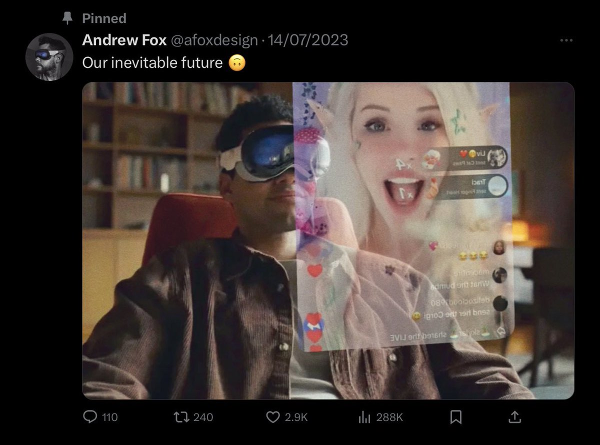 afoxdesign's tweet photo. My top 3 (best performing) tweets of all time are all tongue in cheek Apple/Vision Pro concepts 🤷‍♂️ https://t.co/4oNNgOmV39