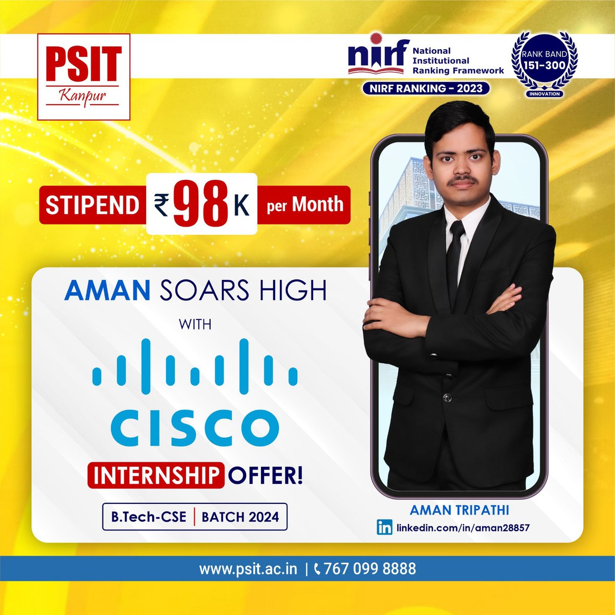 PSITKanpur2004's tweet image. A Round of Applause for Aman Tripathi (B.Tech-CSE, 2024)!

#BestInternships #incredibleinternships #batch2024 #EraOfAchievers #PSITLegacy #Student #Success #cisco #btech

#aktu #PSITKanpur