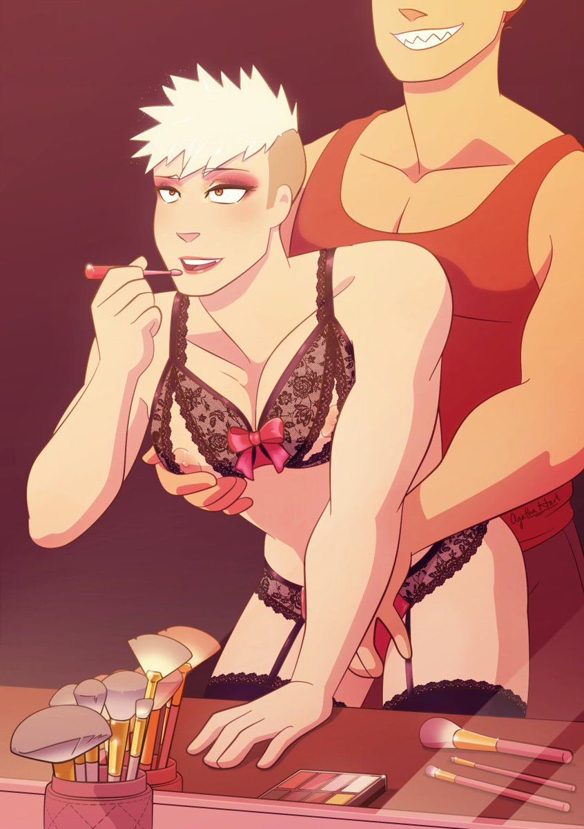 aggie_hart's tweet photo. Another piece I did for @FeminizeHim's 'Bombshell' zine feat. Katsuki getting all dolled up for his man (but mostly himself lbr).

#kiribaku #nsfwbnha #nsfwfanart https://t.co/JYAbtYBNQs