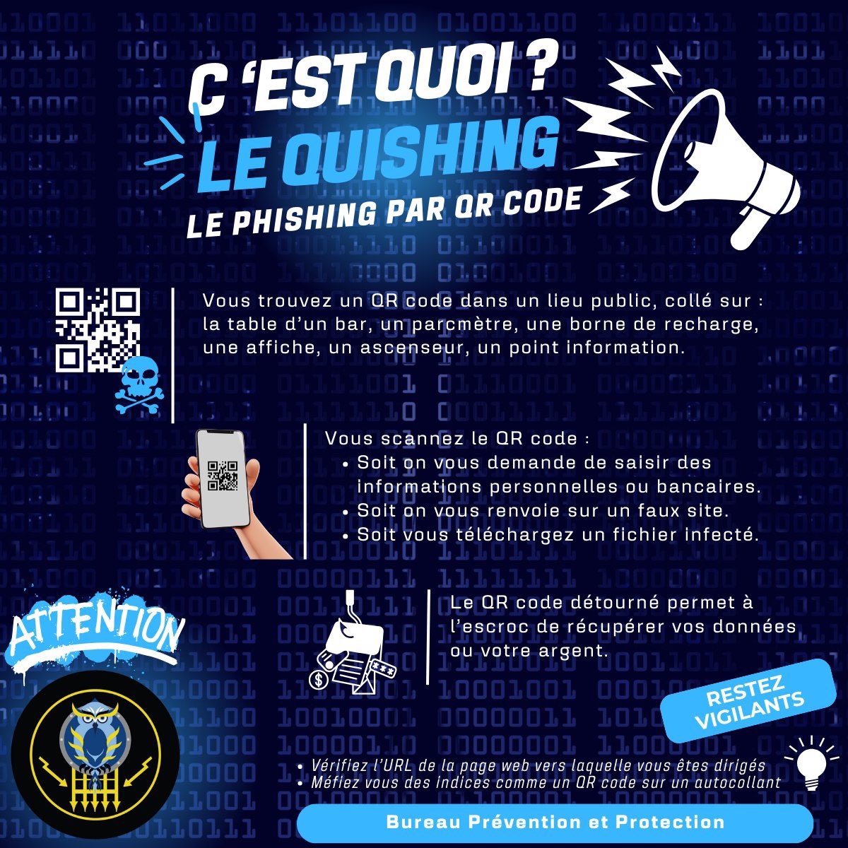 Gendarmerie's tweet photo. #Prévention 💻 Attention aux arnaques par faux QR Code (« Quishing »), certains QR codes renvoient vers des sites frauduleux :
🌐 Vérifiez l'orthographe et l'authenticité du site internet
☝️ En cas de doute, ne donnez pas vos informations personnelles et renseignez-vous.
 #Cyber https://t.co/4wD7yJTDWH