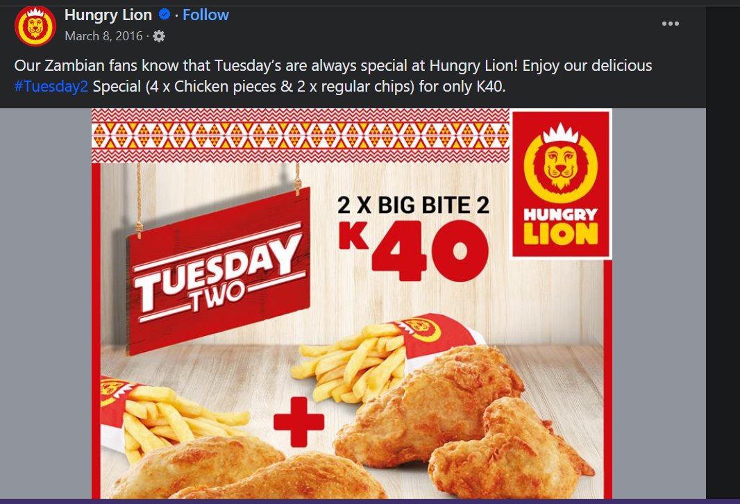 Our Hungry Lion Game is Solved (Pt 1)

The Tuesday Two Combo was K40 in 2016! In 7 years, this price is now K99 for the exact same combo.

There are some key lessons we can learn from this, I've covered them more in depth in my stories, but I'll share just the first one for now: