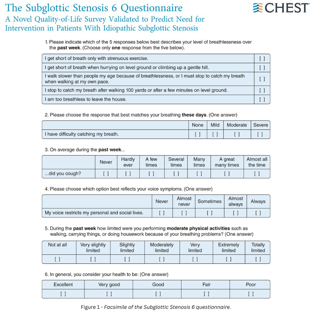 INSIDE LOOK 👀 Read the latest research from the upcoming @journal_CHEST issue (Jan. 8): Can the SGS-6 questionnaire be validated as a novel QOL instrument to monitor breathing, disease progression, and disease severity proactively in patients with iSGS? hubs.la/Q02fl8PX0
