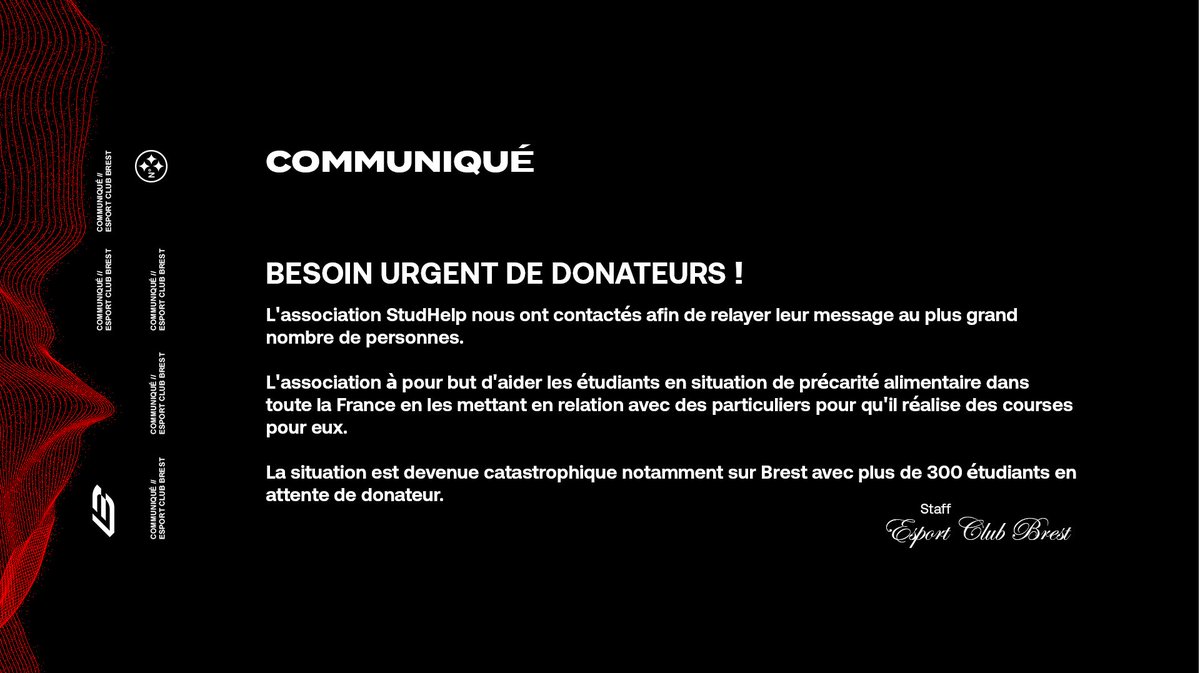 📢COMMUNIQUÉ

Nous vous présentons <a href="/StudHelp_/">StudHelp</a> !
Nous avons décidés de relayer leur message car la cause nous touche.

Si vous êtes un donateur (alimentaire ou Financier) ou bien étudiant dans le besoin RDV ici :
👉studhelp.fr

Partagez le message le plus possible SVP