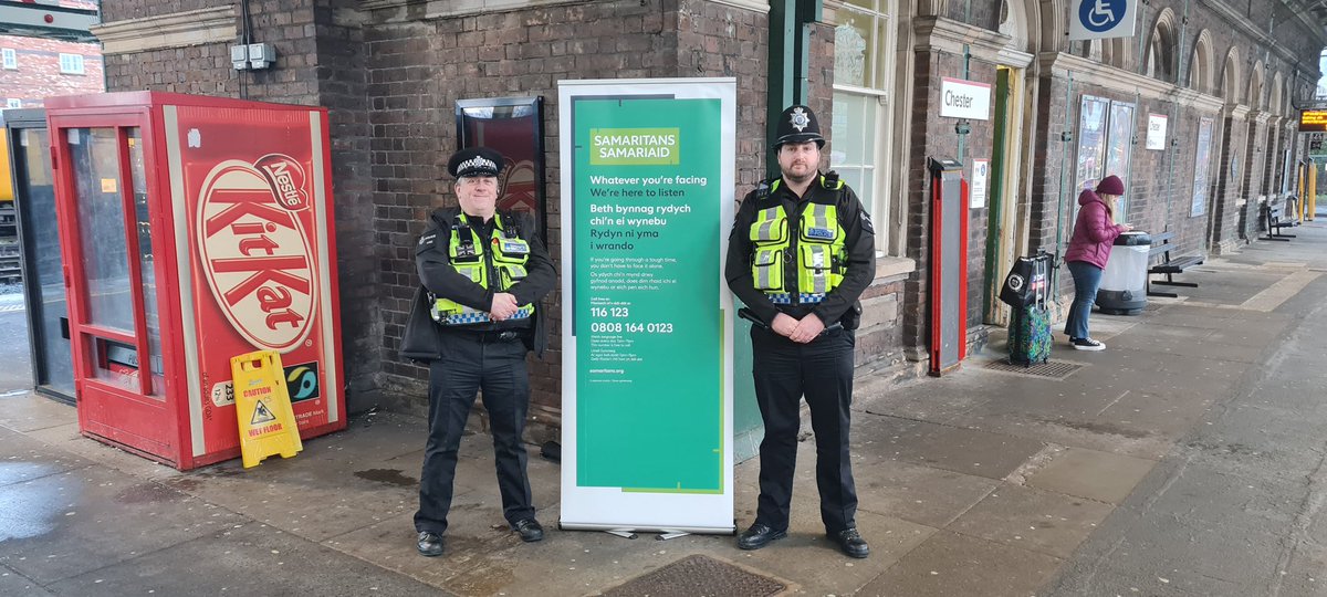 BTPCheshire's tweet photo. Today we have been at Chester Railway Station educating rail passengers on where to turn to if they are struggling and need someone to talk to. #wecare https://t.co/62Cff65mOi
