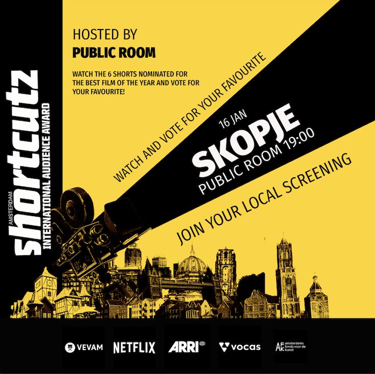 🎥 Next in line for our Shortcutz Amsterdam International Award tour is: SKOPJE! In partnership with Public Room we are screening our 6 nominated films at Public Room’s venue on the 16th of January at 19:00.🎟️ Friends from Skopje, come watch and vote for your favourite short film