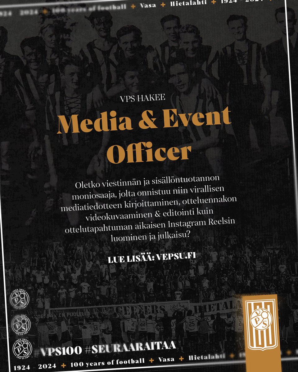 VPS hakee työntekijää - Media &amp; Event Officer!

Lisää aiheesta vepsu.fi👊

#yhdessäseistään #seuraaraitaa #vepsu #vaasa #veikkausliiga #lemonsoftstadion