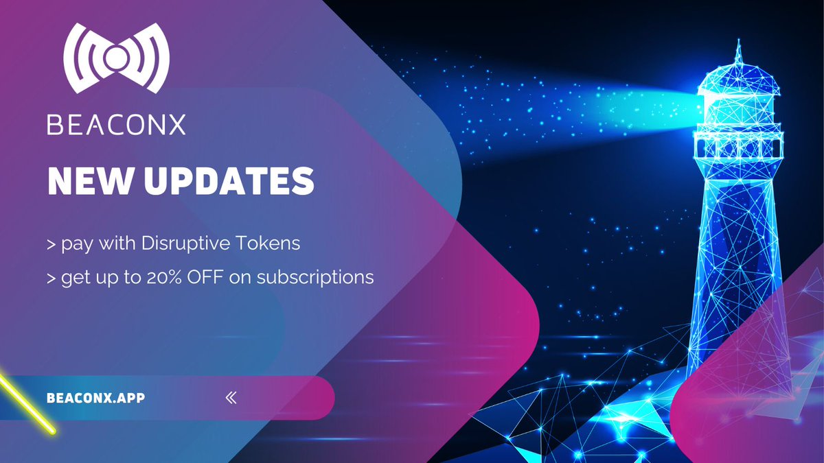 BeaconXapp's tweet photo. 🚀Exciting news from BeaconX! Now get up to 20% OFF on #NFT subscriptions🌟 Plus, pay with @DisrDigital Tokens - a big leap in our mission for a better world! #BeaconX #MultiversXNFTs #InnovateForChange https://t.co/F76K5iP5JO