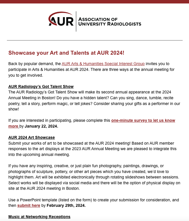 🩻#Radiologists #RadRes & #medstudents: Artistic? 🎨🎼💃Share your talents at #AUR24! AUR members -check your email for🖼️submission -sign up for our SIG here: aur.org/ahr-sig AUR membership: FREE for students & reduced #radres: aur.org/membership-lis… Join us! #RadArt