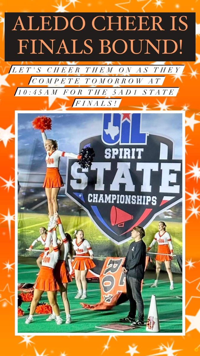 Congratulations to our amazing cheerleaders on making finals at State! Send off at 8:30 am in front of AHS Gymnasium! @AledoISD @BearcatsofAledo @coachbbelk @AledoHFC