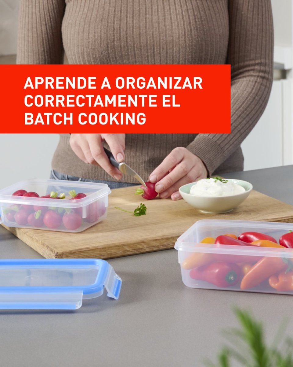 Aprende a organizar tu batch cooking:

1. Prepara el menú semanal.
2. Haz la lista de la compra 
3. Divide las elaboraciones según necesiten horno/sartén.
4. ¿Cuáles de ellas necesitan sofrito para saber cuánta cantidad hacer? 
5. Empieza por la receta de mayor tiempo de cocción