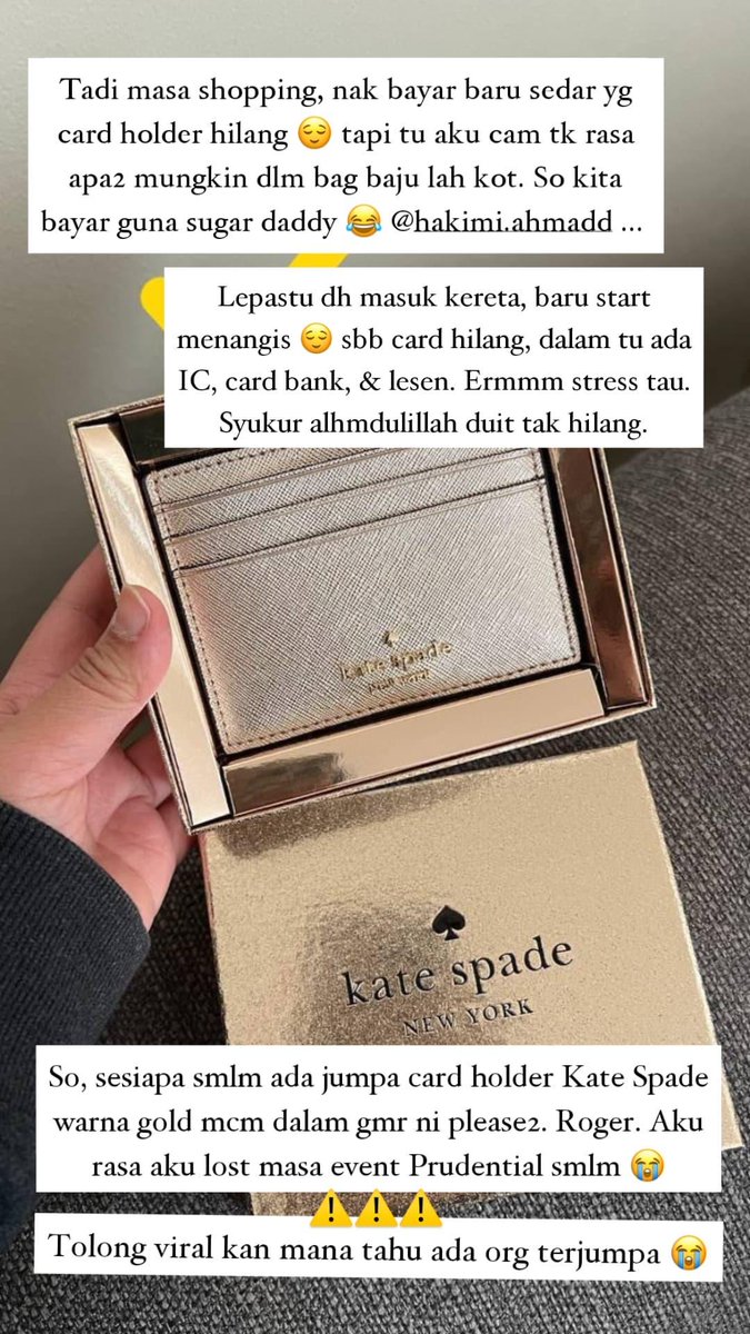 likeinseoul_'s tweet photo. Salam semua warga twitter mintak bantu 😭 saya kehilangan card holder. Dalam tu ada IC, Card Bank, Lesen &amp; PruBSN Medical card. Last aku guna card dekat Tea Tarik Place @ Setia City Mall and aku ingat aku letak card holder ni atas meja makan. Risau tertinggal dekat situ. https://t.co/9jnoxU2Emk