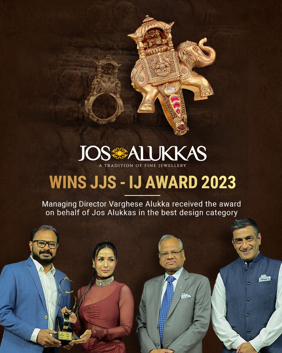 Jos Alukkas takes home the prestigious JJS - IJ Award 2023 in the Best Design category! 📷Varghese Alukka graciously accepted the award on behalf of Jos Alukkas. #JosAlukkas #JJSIJAward #Award #JosAlukkasOnline #GoldRing #BestDesign #RingDesign #GoldJewellery