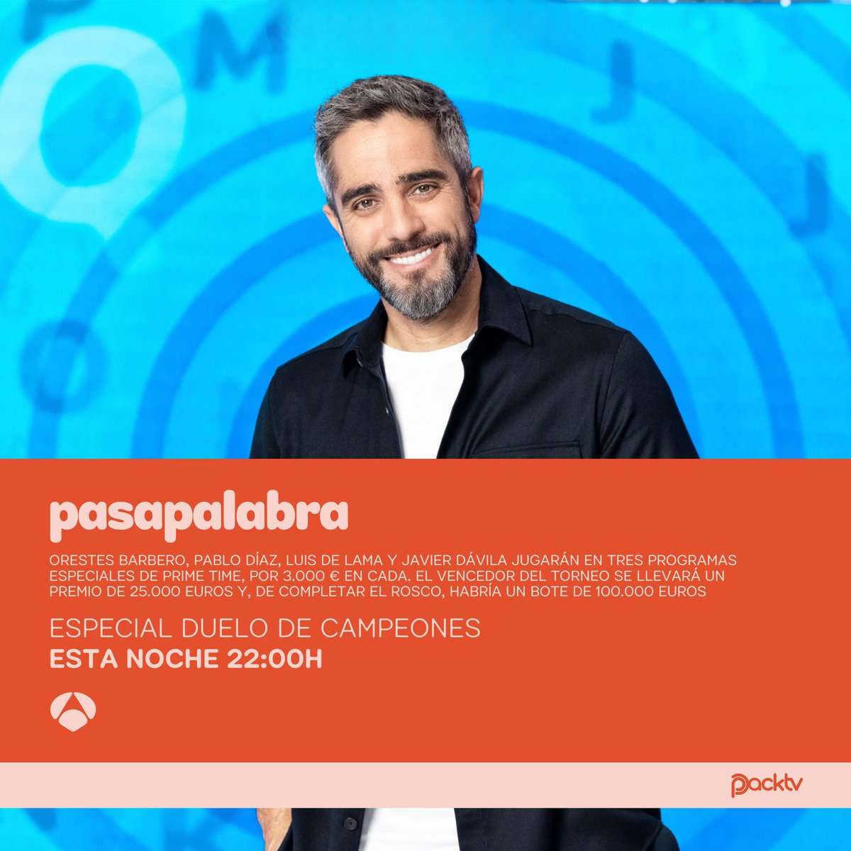 PackTV123's tweet photo. ✨ ESPECIAL | #Pasapalabra llega a las noches de los Sábados como regalo por el Día de Reyes con una nueva edición del 'Duelo de Campeones' ⚔️

🌟 Orestes Barbero, Pablo Díaz, Luis de Lama y Javier Dávila regresarán para verse las caras en esta gran competición 🏆 https://t.co/3NMLA2gwgw