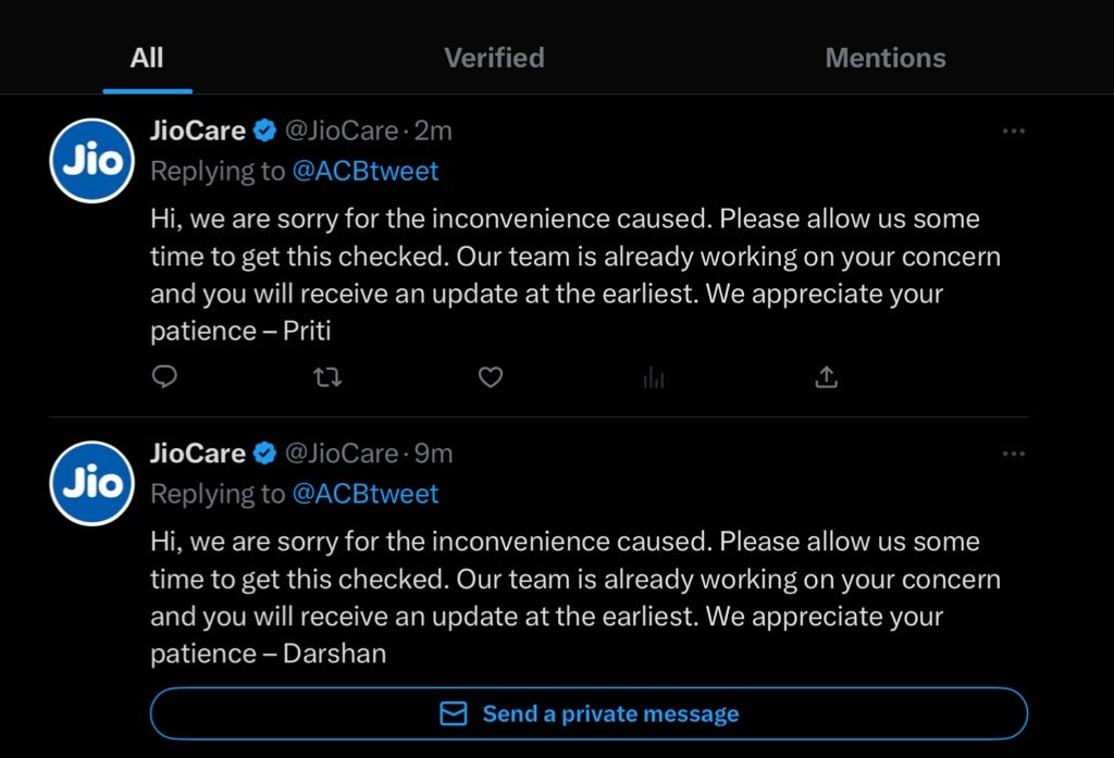 ACBtweet's tweet photo. @JioCare Hi Priti, we meet again! And its a canned copy-paste response from you again! At this point, there's no surprises there :) But did you even read the full thread bcos if u did, u will realise how stupid and ignorant your response is. #jiofail #Chennai #badcustomerservice #jiofiber https://t.co/Sr79x0S7F9