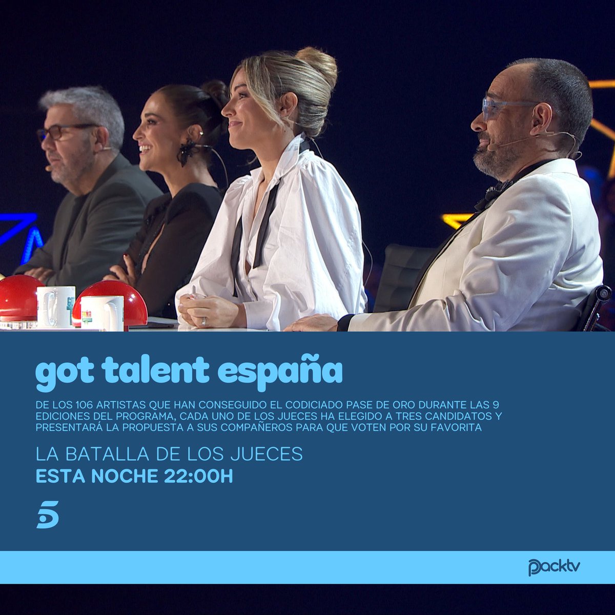 PackTV123's tweet photo. ✨ ESPECIAL | Esta noche a las 22h llega a TeleCinco #GotTalent La Batalla de los Jueces 🔥

⚔️ @RistoMejide, @Edurnity, Paula Echevarría y @FloFdezz junto a @Santi_Millan se enfrentarán por equipos en un evento único con los mejores talentos de la historia del programa 🌟 https://t.co/Y2BDDhvzcV