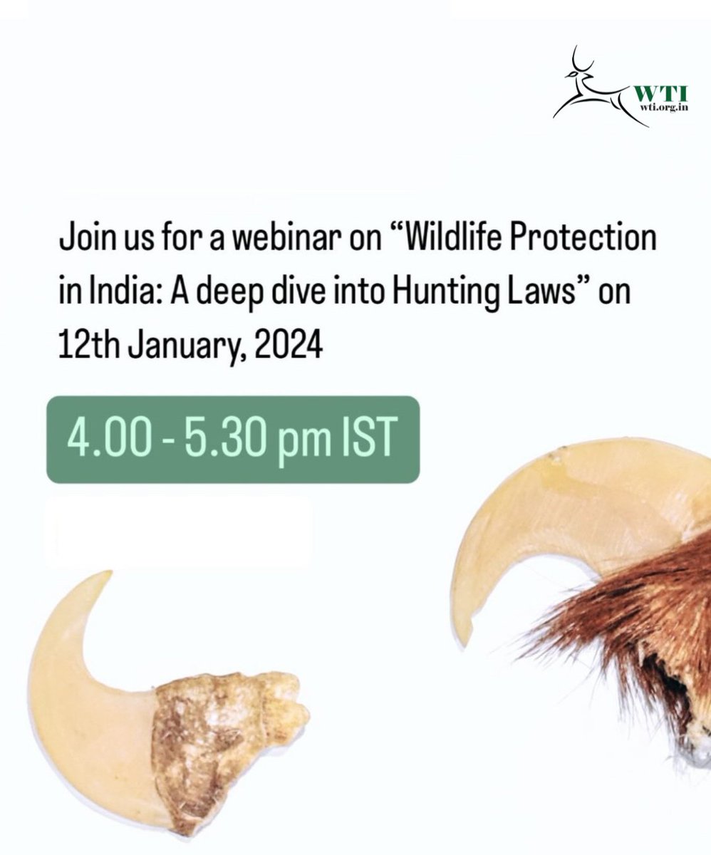 Join #WTI & Lovish Sharma, Advocate, High Court of Delhi for a #webinar on 'Wildlife Protection in India: A Deep Dive into Hunting Laws' Date: 12th January 2024 Time: 4:00-5:30 pm IST Register here: shorturl.at/mxAMY
