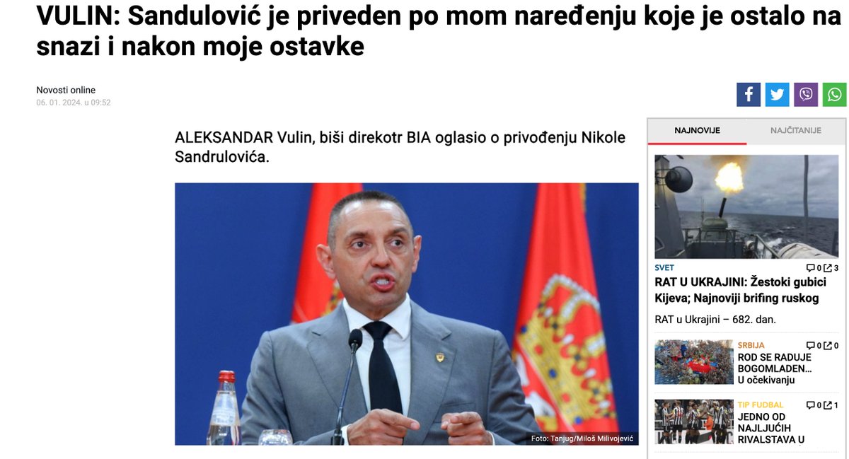 Serbia's former spy chief &amp; Vucic ally, Vulin, says opposition politician Sandulovic was "detained" on his orders, which remained in force after his resignation.

Vulin states, without evidence, that other spy agencies would have killed someone like Sandulovic.